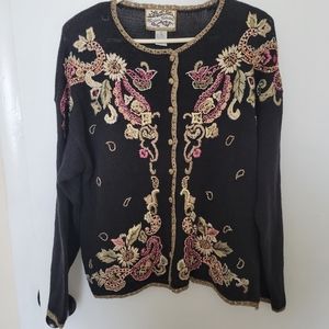 Vtg Heirloom Collectibles Embroidered Floral Beaded Knit Cardigan Sweater Size L
